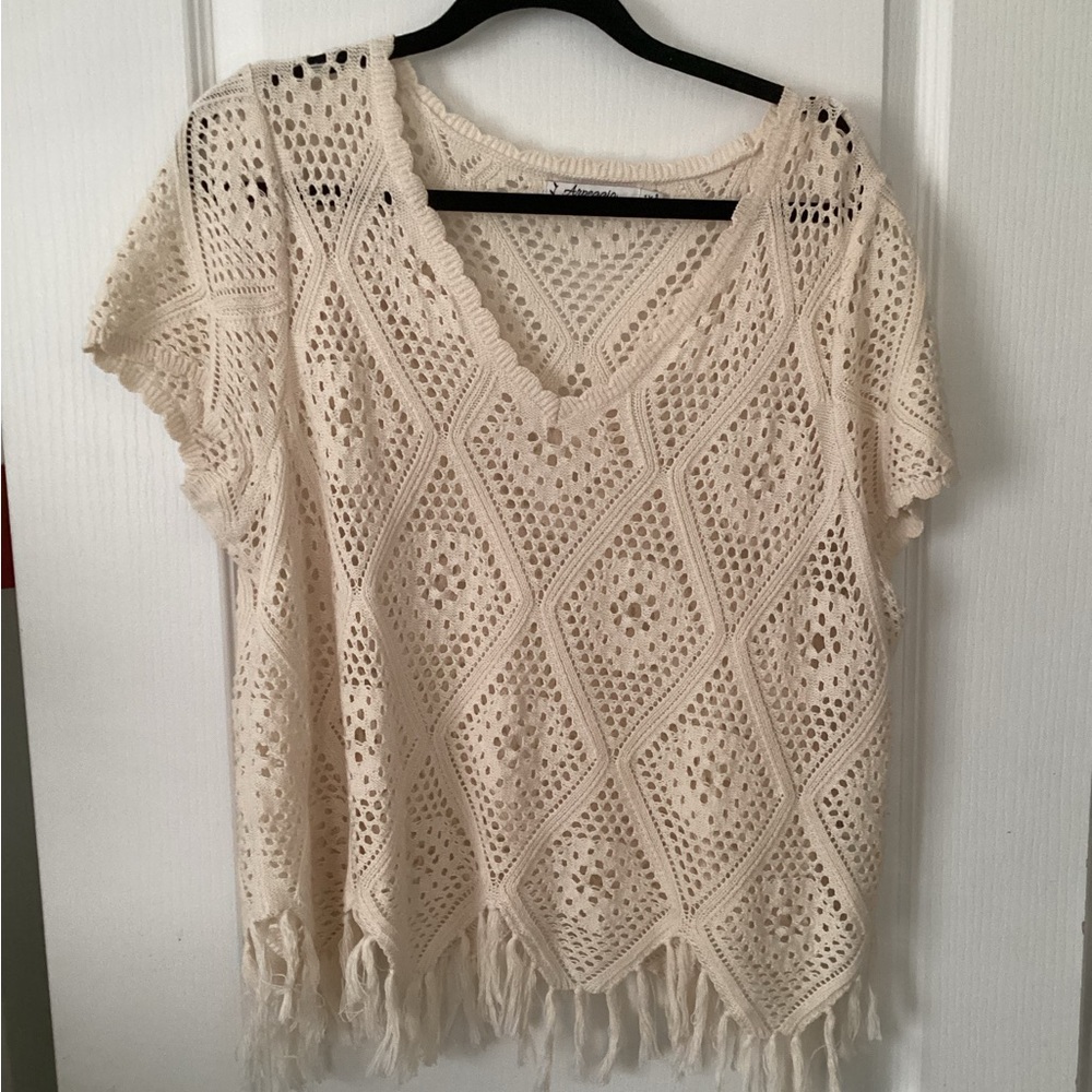 Cream Crochet Women Sweater with fringe 1X